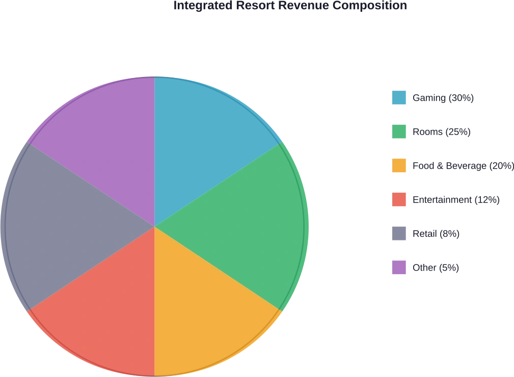 Typical revenue distribution in modern integrated casino resorts, showing gaming as one component among diversified income streams.