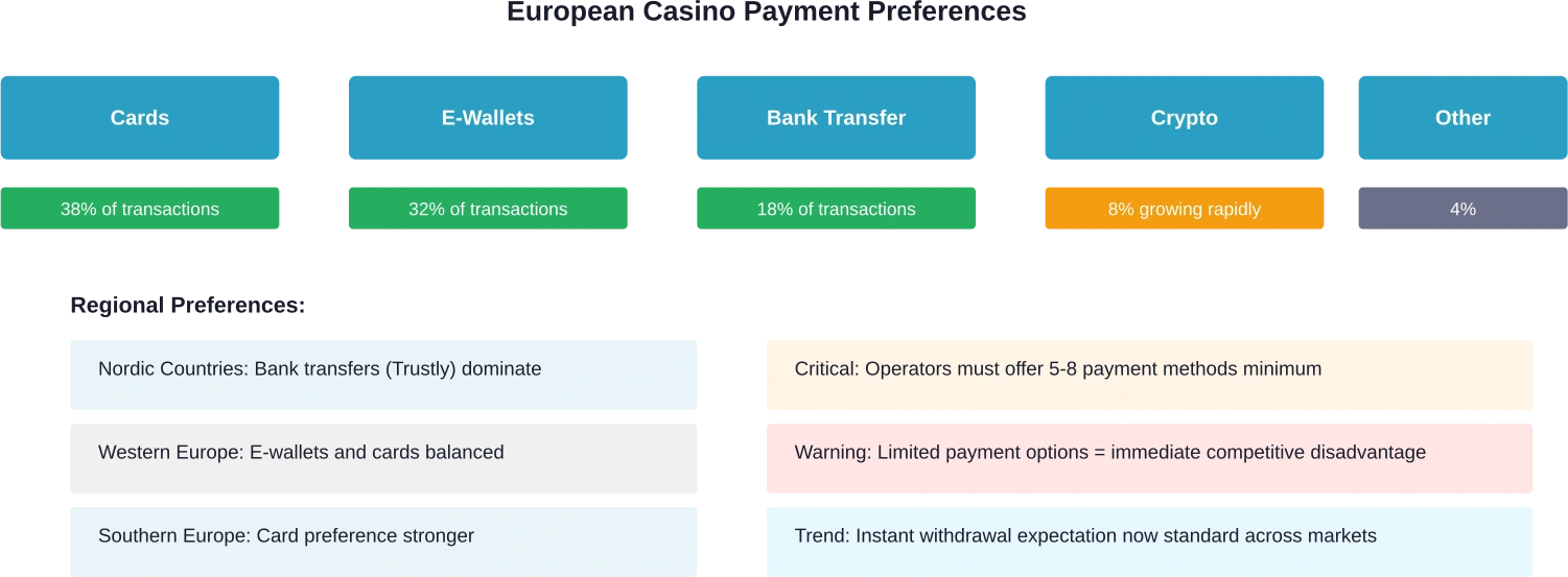 Payment method preferences vary significantly across European markets, requiring operators to support diverse options while adapting to regional trends and regulatory requirements.