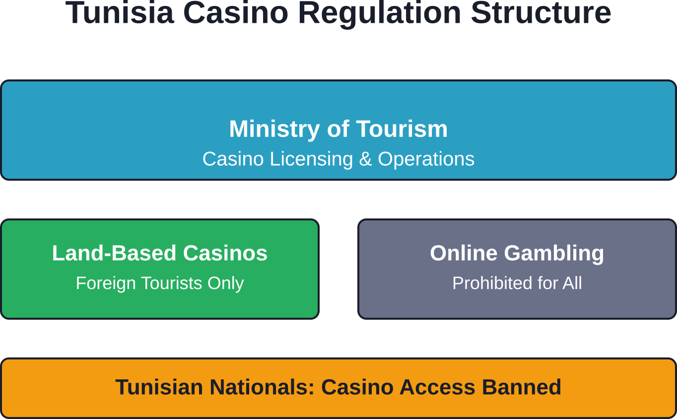 The hierarchical structure of Tunisia's gambling regulation showing the split between tourist casinos and prohibited online gambling.